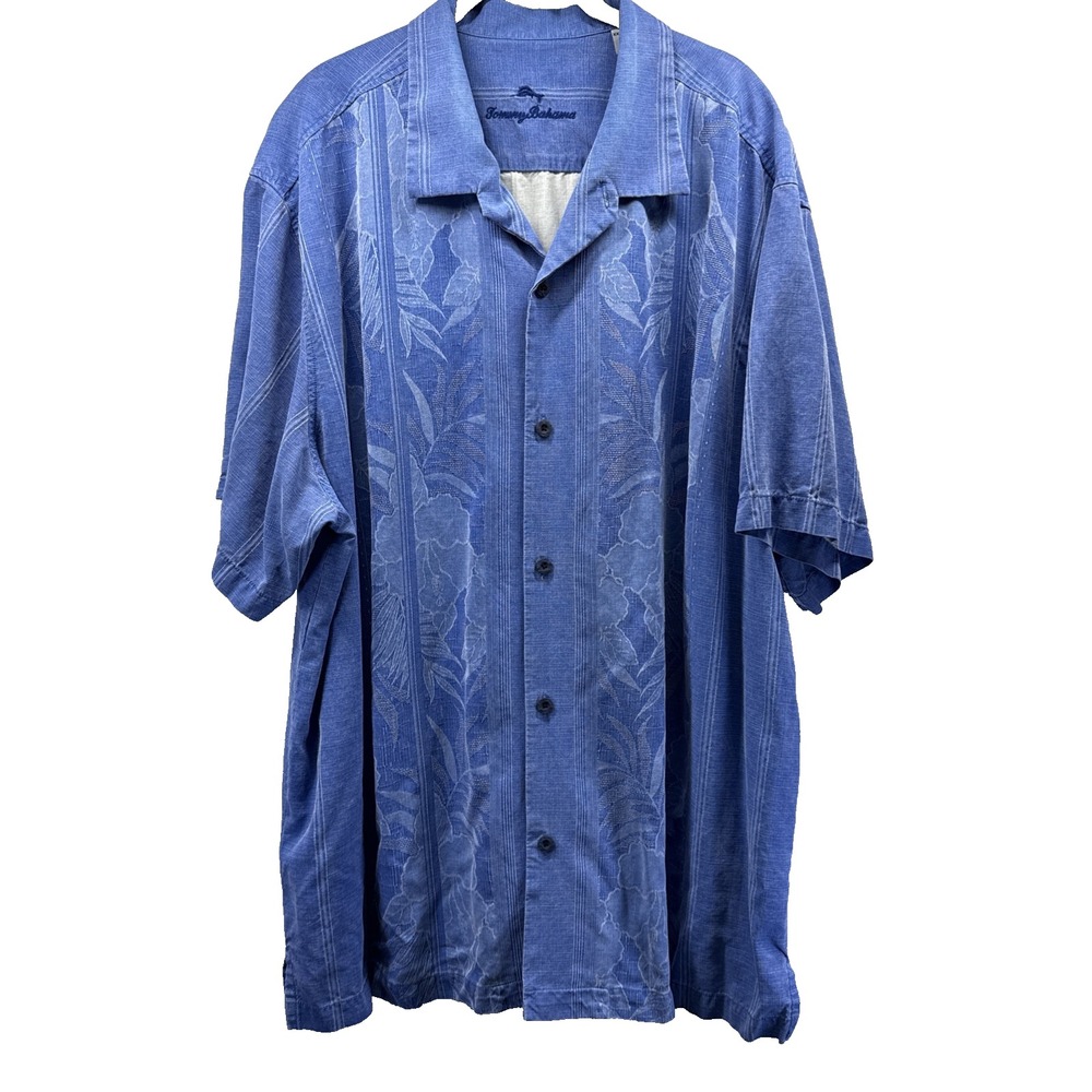 Tommy Bahama Men's Camp Shirt Size XXXL Blue Leaf Short Sleeves 100% Silk